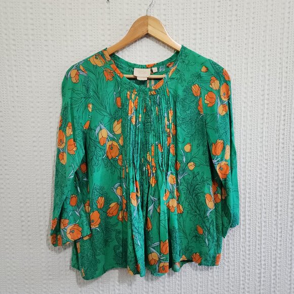 Anthropologie Vanessa x Virginia Green Poppy Pleated Blouse Size small - Picture 4 of 13